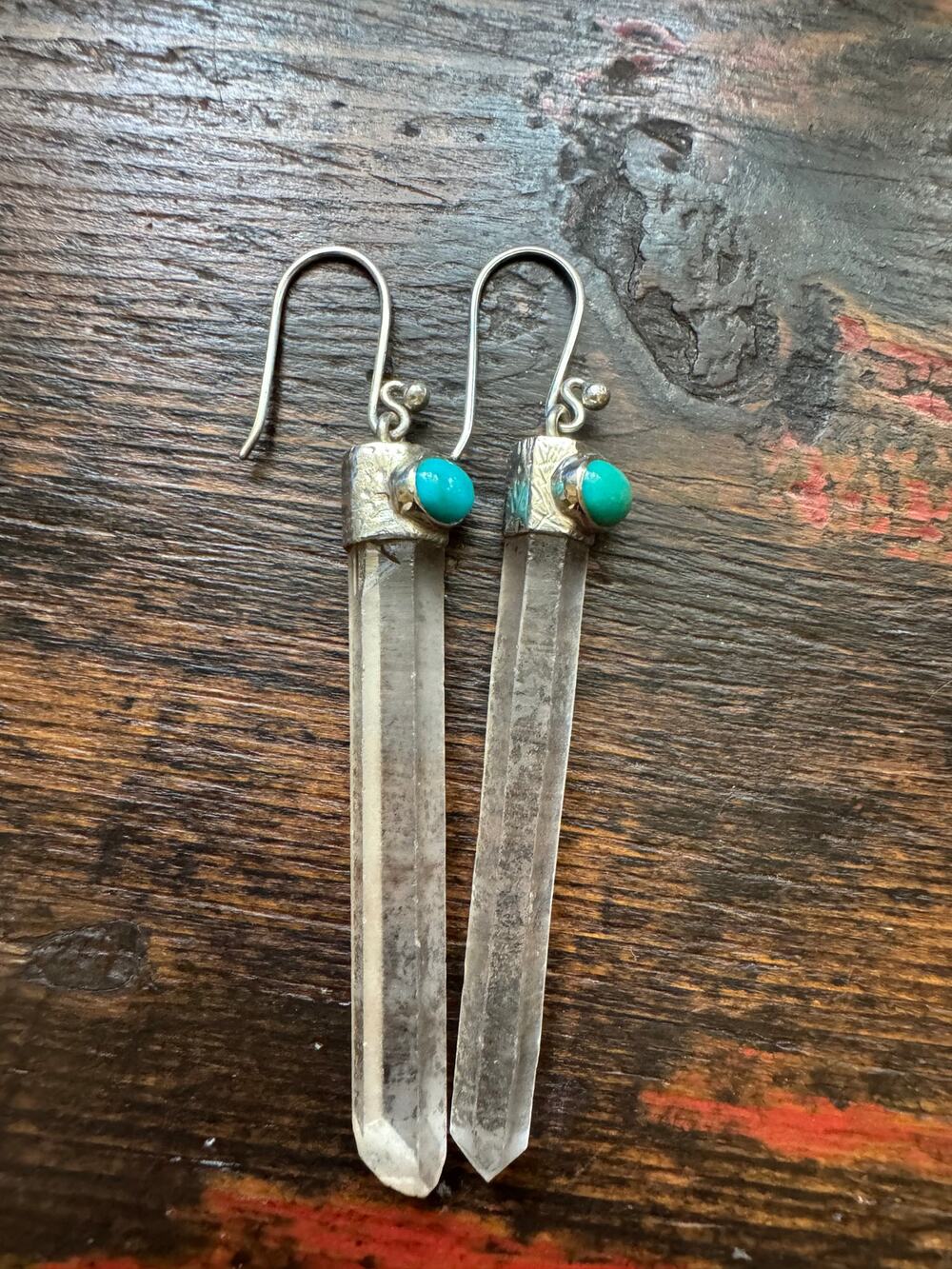 Nepali Quartz Crystal Arizona Turquoise Sterling 925 Silver Earrings 3 inch